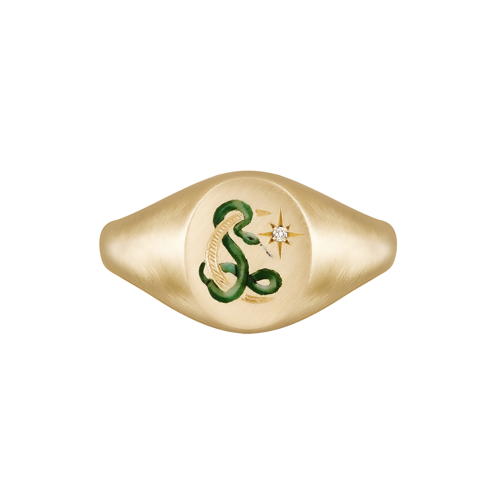 Cece Jewellery Snake & Moon 18-karat Recycled Gold, Enamel And Diamond Signet Ring In Yellow Gold,white Diamond