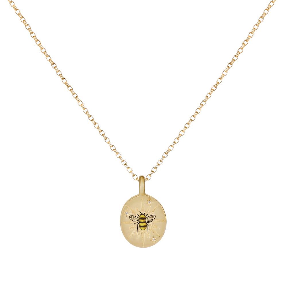 Cece Jewellery The Sun & Bee Pendant & Chain In Yellow Gold/White Diamond
