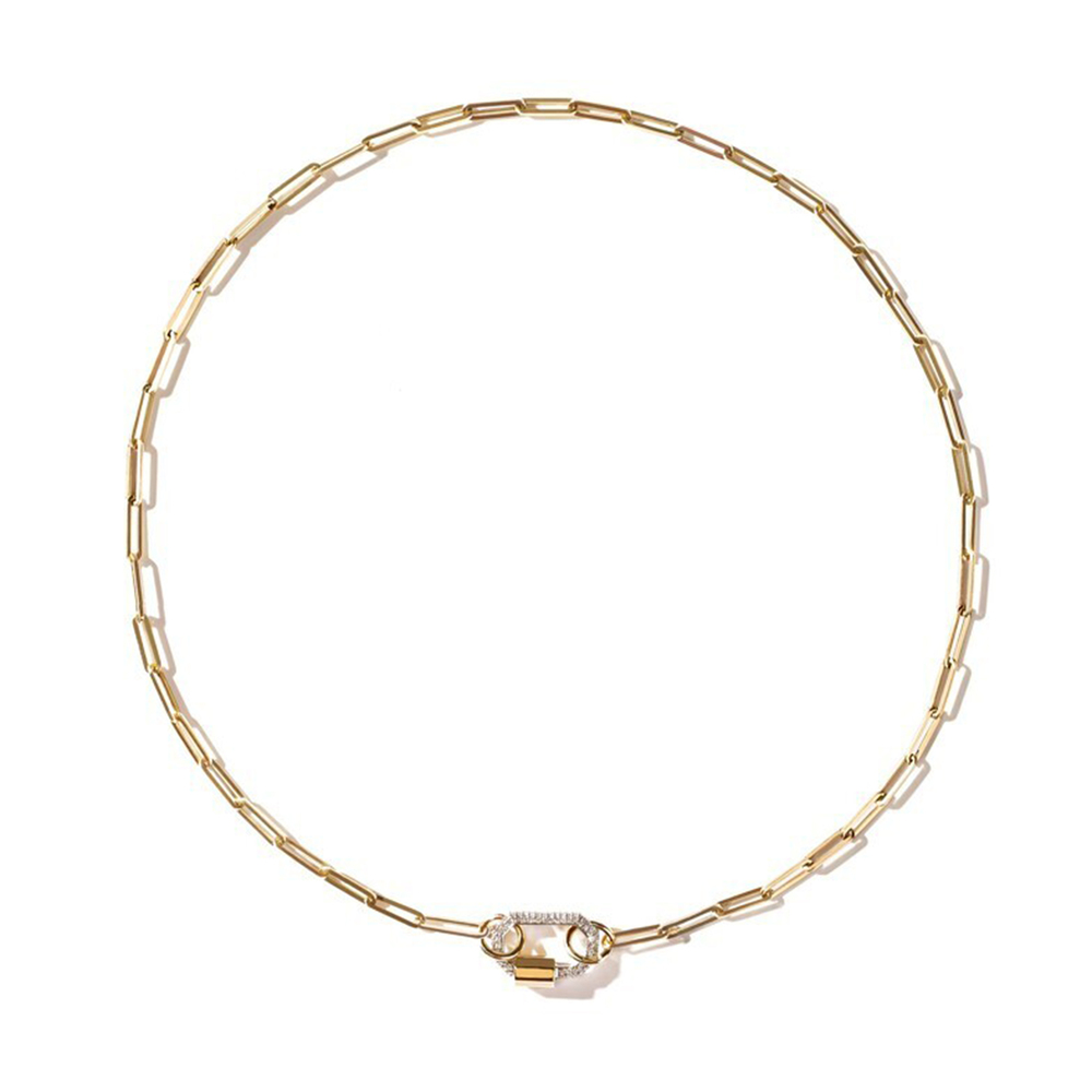 As29 Small Pavé Diamond Lock With Extra Small Link Chain Necklace In Yellow Gold,diamonds