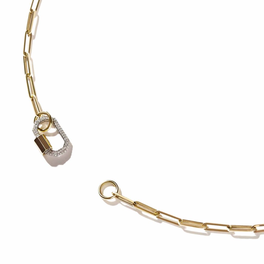 AS29 Small Pavé Diamond Lock With Extra Small Link Chain Necklace In Yellow Gold/Diamonds