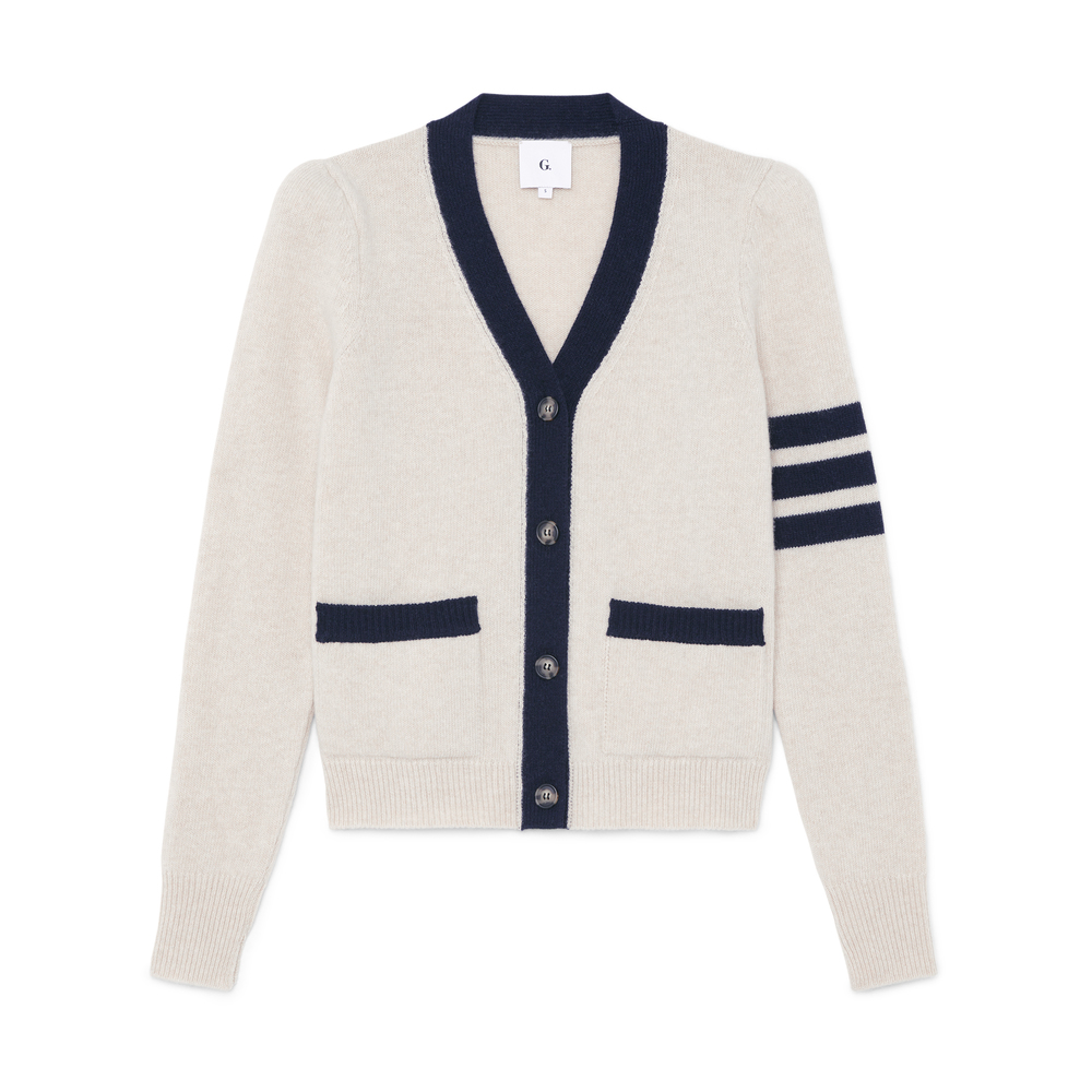G. Label By Goop Dimatteo Puff-Sleeve Varsity Cardigan In Ivory/Navy, Large