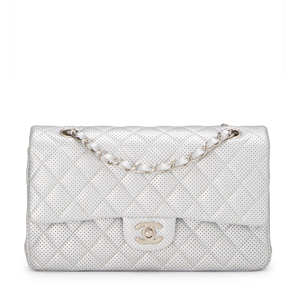 Palads kærlighed symbol What Goes Around Comes Around Chanel Silver Perforated 2.55 Bag, 10" | goop