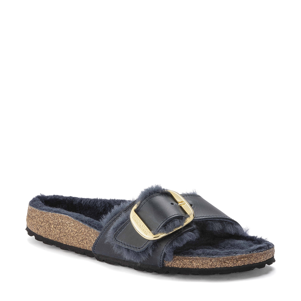 Birkenstock Madrid Big Buckle Sandal In Midnight Oiled Leather/Shearling, Size IT 39