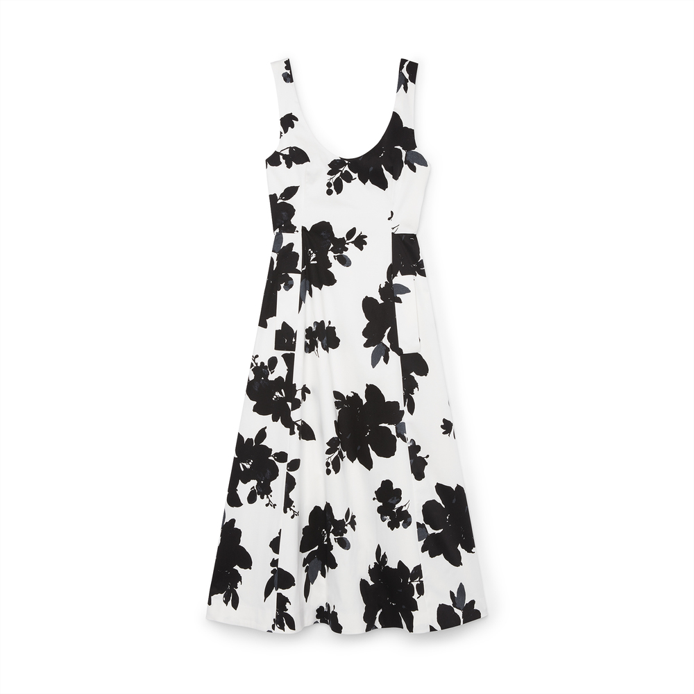 G. Label By Goop Cortes Round-Neck Full Dress In Ivory/Black Floral, Size 6