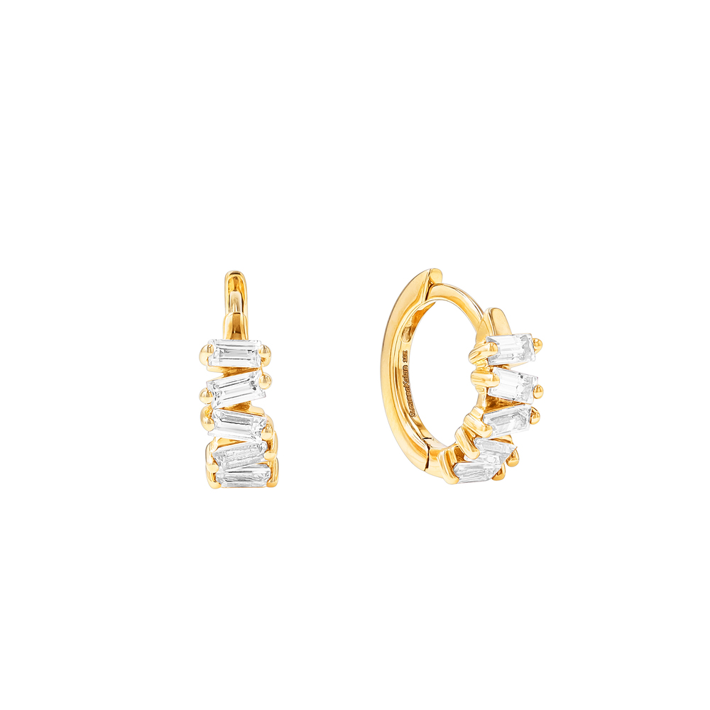 Suzanne Kalan 12MM Huggies With Baguette Diamonds Earring In Yellow Gold