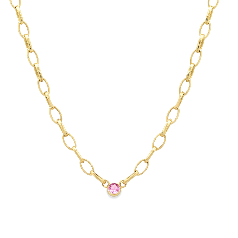 Jennifer Meyer Small Edith Link Necklace With Single Bezel Accent In Yellow Gold,pink Sapphire
