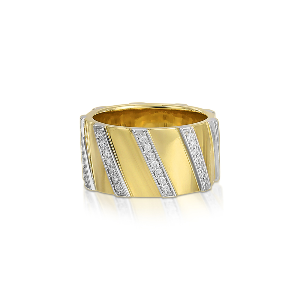 Nancy Newberg Diamond Striped Cigar Band In Yellow Gold,white Diamonds