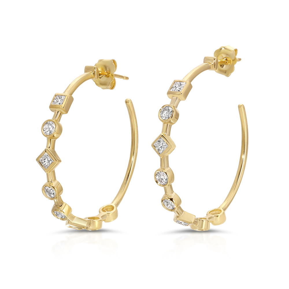 Nancy Newberg Mixed Diamond Hoops Earring In Yellow Gold,white Diamonds