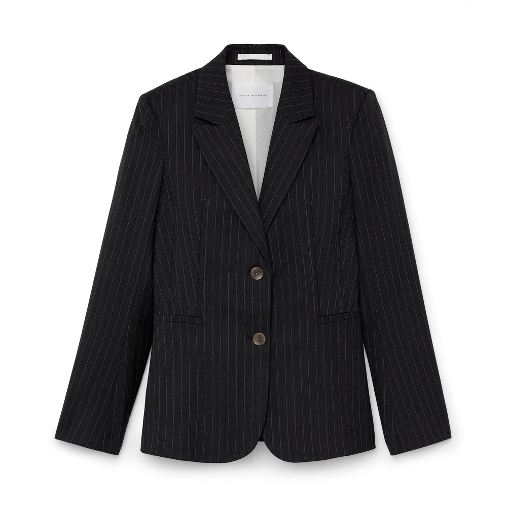 Maria McManus Corseted Riding Jacket In Charcoal Pinstripe, Size 4