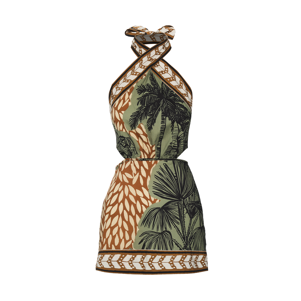 Johanna Ortiz Reminders Of Paradise Printed Cotton-poplin Halterneck Mini Dress In Toile Chocolate,greenery