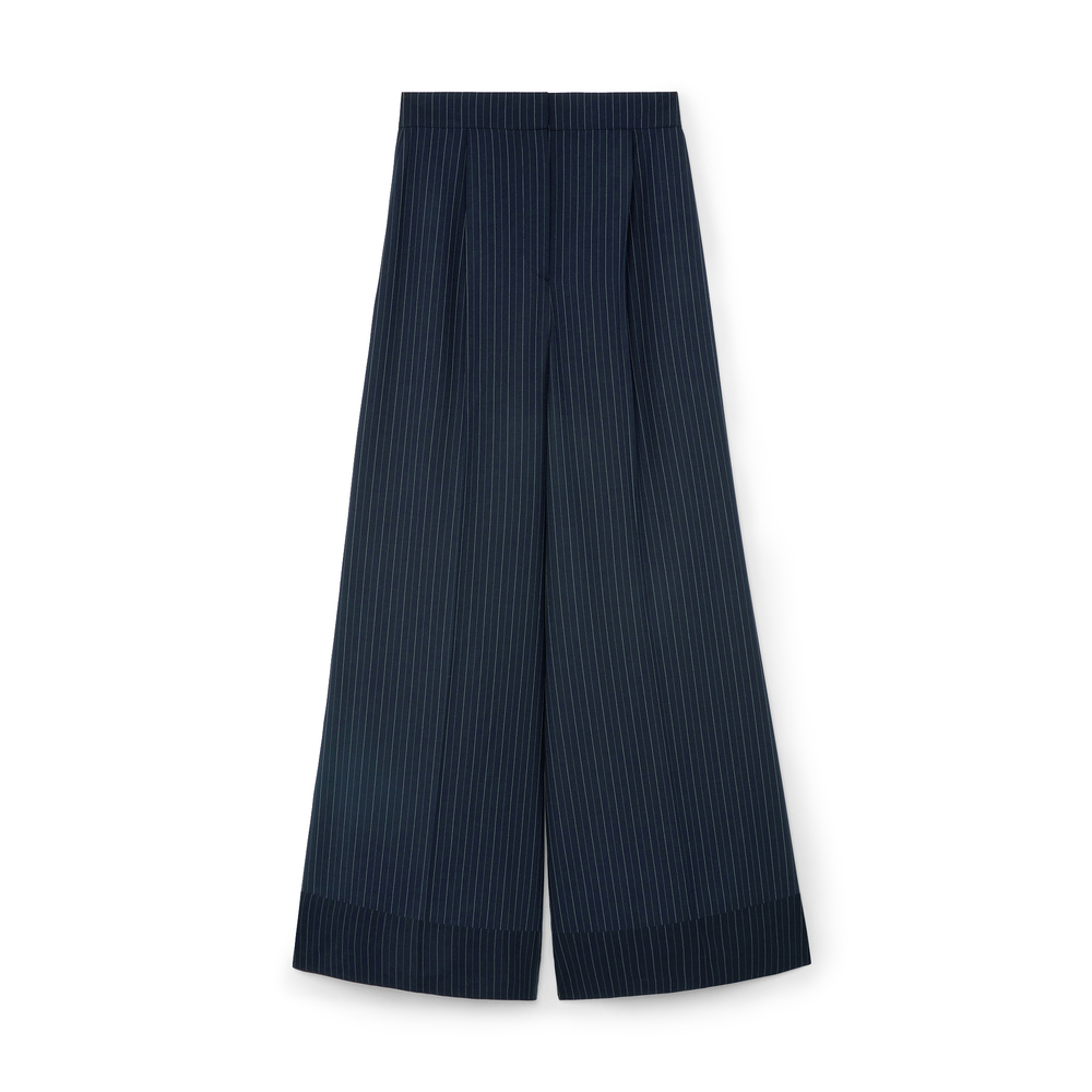 G. Label By Goop Katie-Marie Wide-Leg Pleated Pants In Navy Pinstripe, Size 8