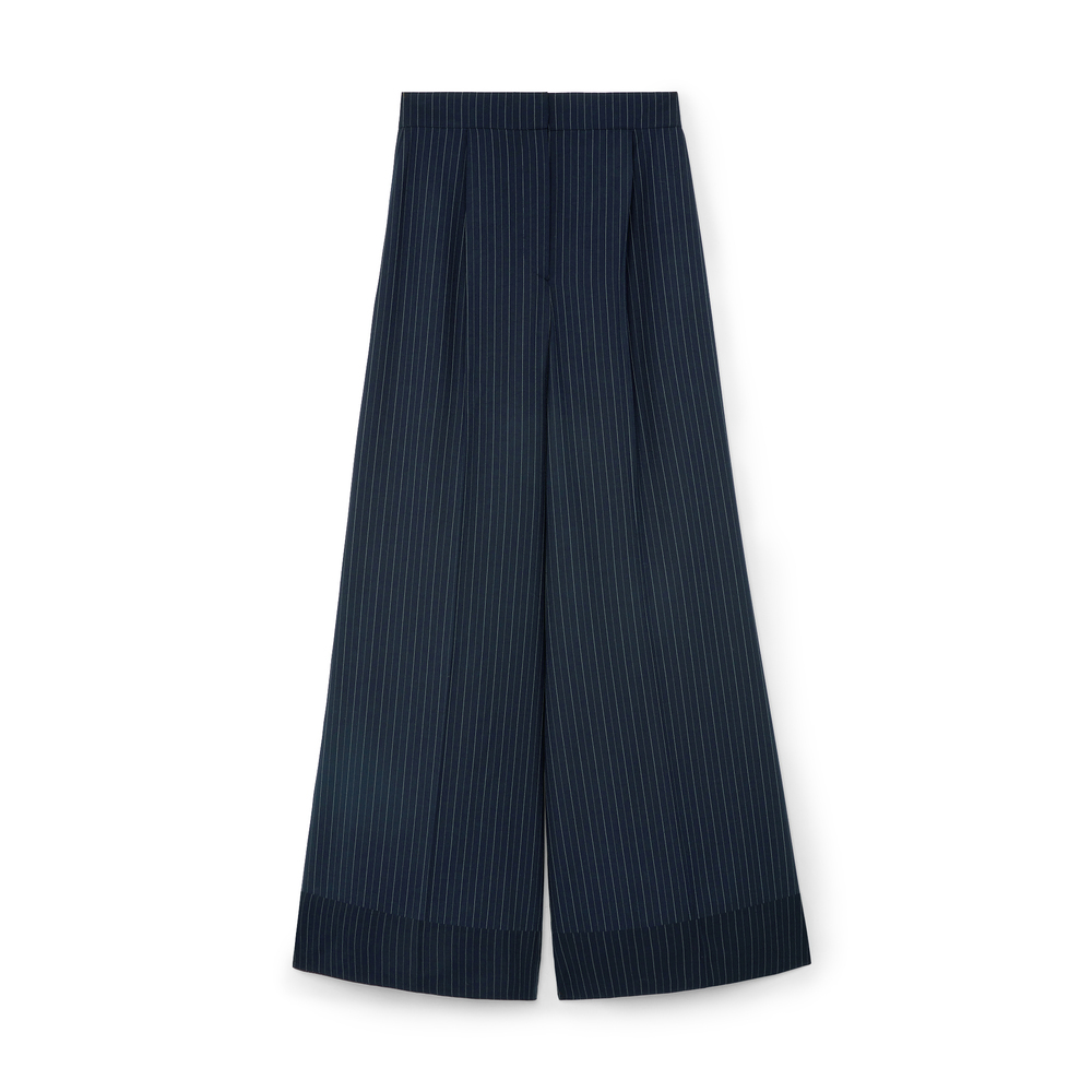 G. Label By Goop Katie-marie Wide-leg Pleated Pants In Navy Pinstripe ...