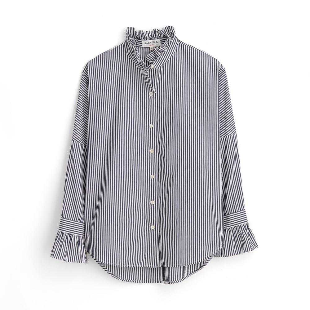 Alex Mill Easy Ruffle Shirt In Skinny Stripe In Navy,white