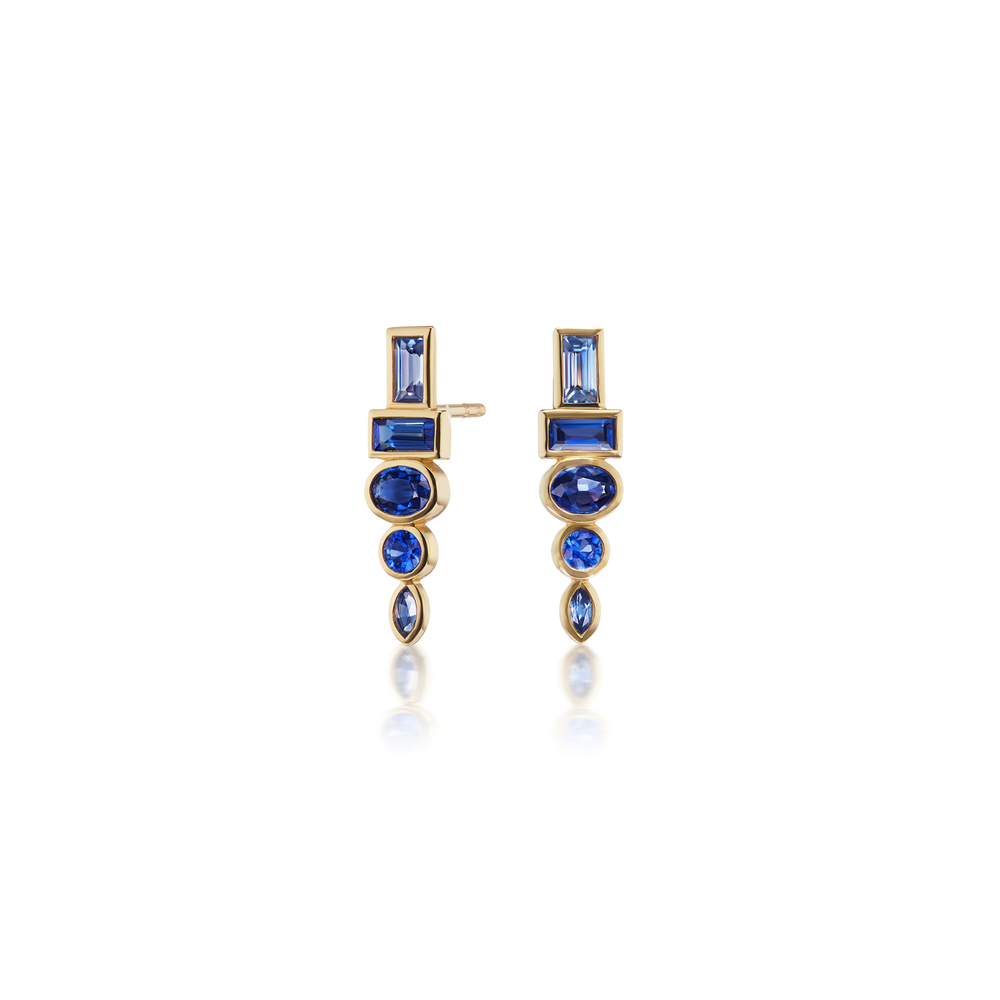 Sorellina Totem Stud Earrings In 18K Yellow Gold/Blue Sapphires