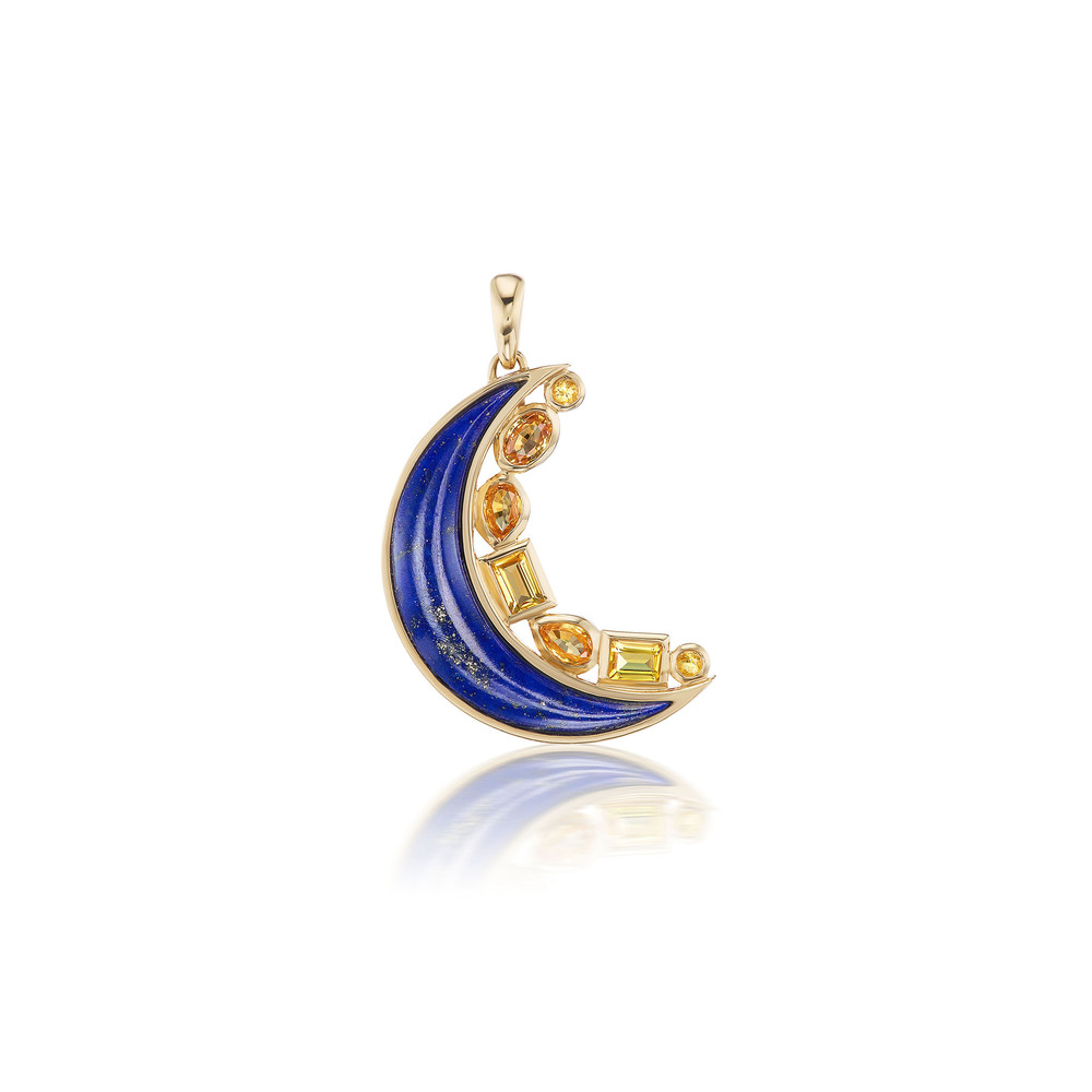 Sorellina Mini Crescent Moon Inlay Necklace In 18k Yellow Gold,lapis,yellow Sapphires