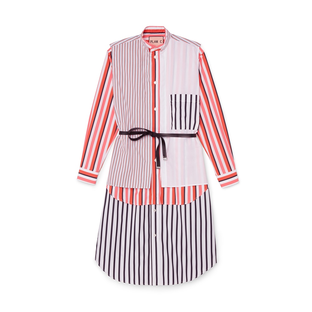Plan C Layered Striped Shirtdress With Leather Belt In Orange Pink Black Stripe, Size IT 42