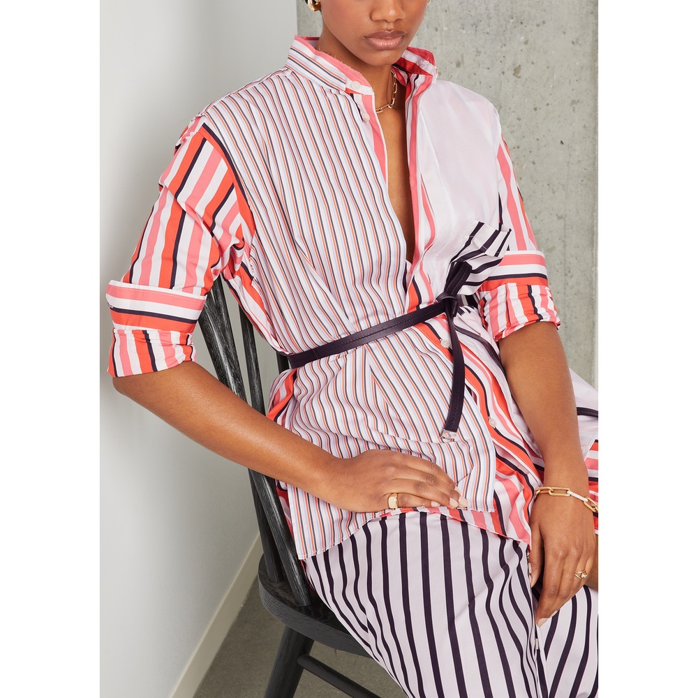 Plan C Layered Striped Shirtdress With Leather Belt In Orange Pink Black Stripe, Size IT 40
