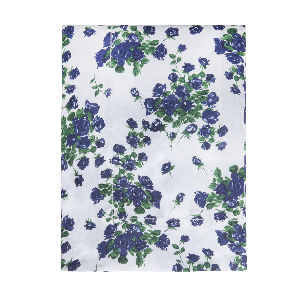 Emilia Wickstead X Goop Linen Zigzag-Stitch Tablecloth In Navy Flowers On White