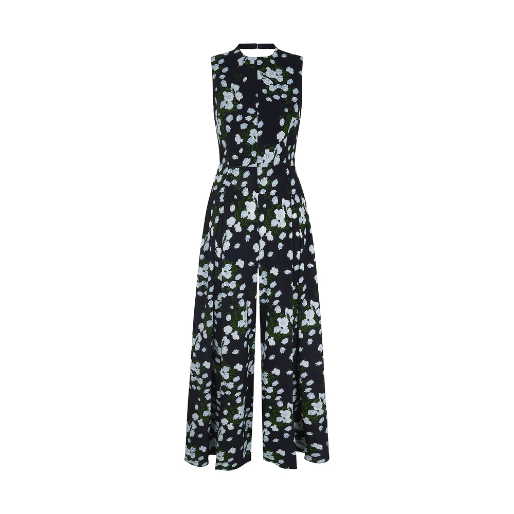 Emilia Wickstead X Goop Maduri Crepe Georgette Jumpsuit In White Roses On Navy, Size UK 16