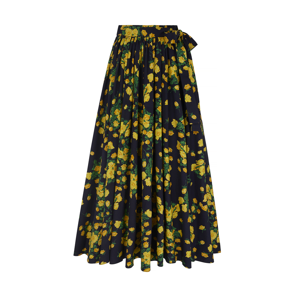 Emilia Wickstead X Goop Evelyna California Pop Skirt In Lemon Roses On Navy, Size UK 14