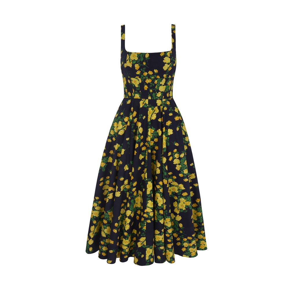 Emilia Wickstead X Goop Mona California Pop Dress In Lemon Roses On Navy, Size UK 8