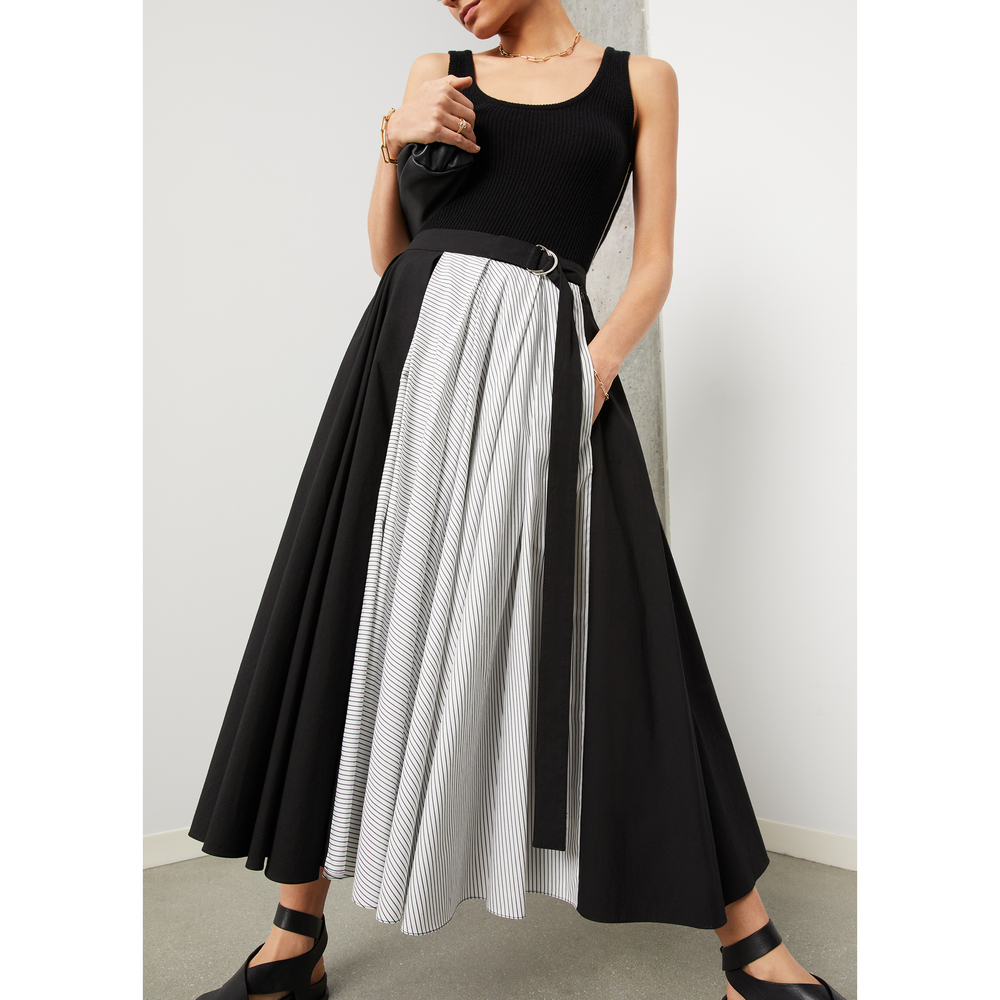 Maria McManus Box Pleat D-Ring Skirt In Black And Charcoal Stripe Blk Ch Str, Size 8
