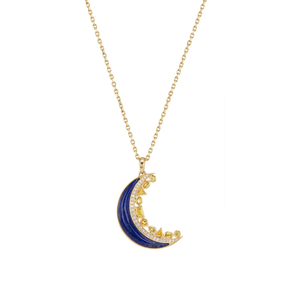 Sorellina Mini Crescent Moon Inlay Necklace In 18K Yellow Gold/Lapis/Yellow Sapphires