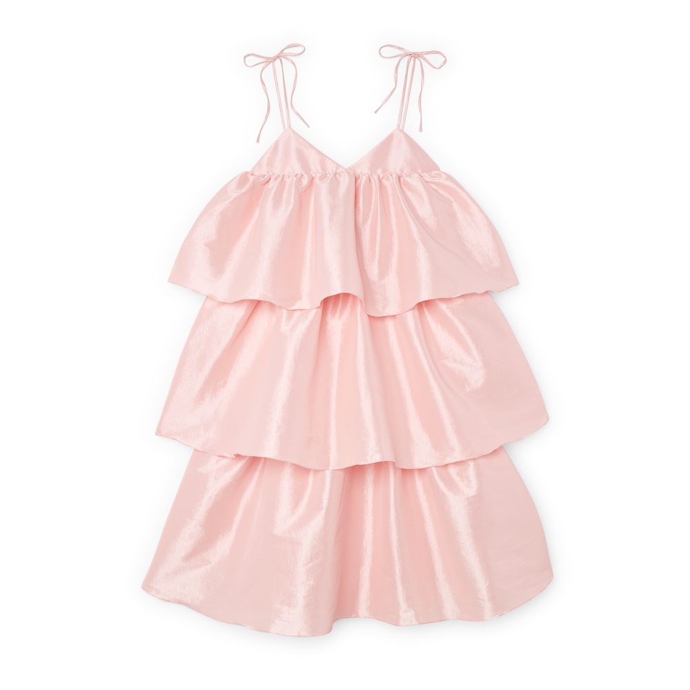 Kika Vargas Liere Tiered Midi Dress In Pale Pink Taffeta