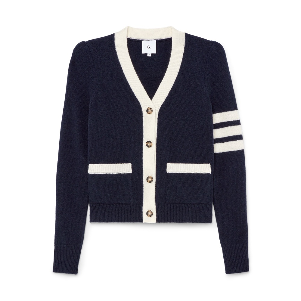 G. Label By Goop Dimatteo Puff-Sleeve Varsity Cardigan In Navy/Ivory, Small