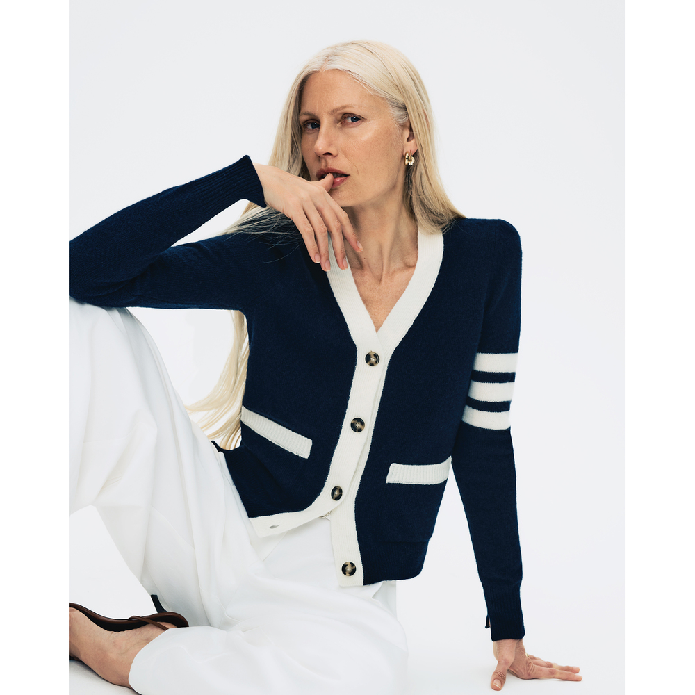 G. Label By Goop Dimatteo Puff-Sleeve Varsity Cardigan In Navy/Ivory, X-Small