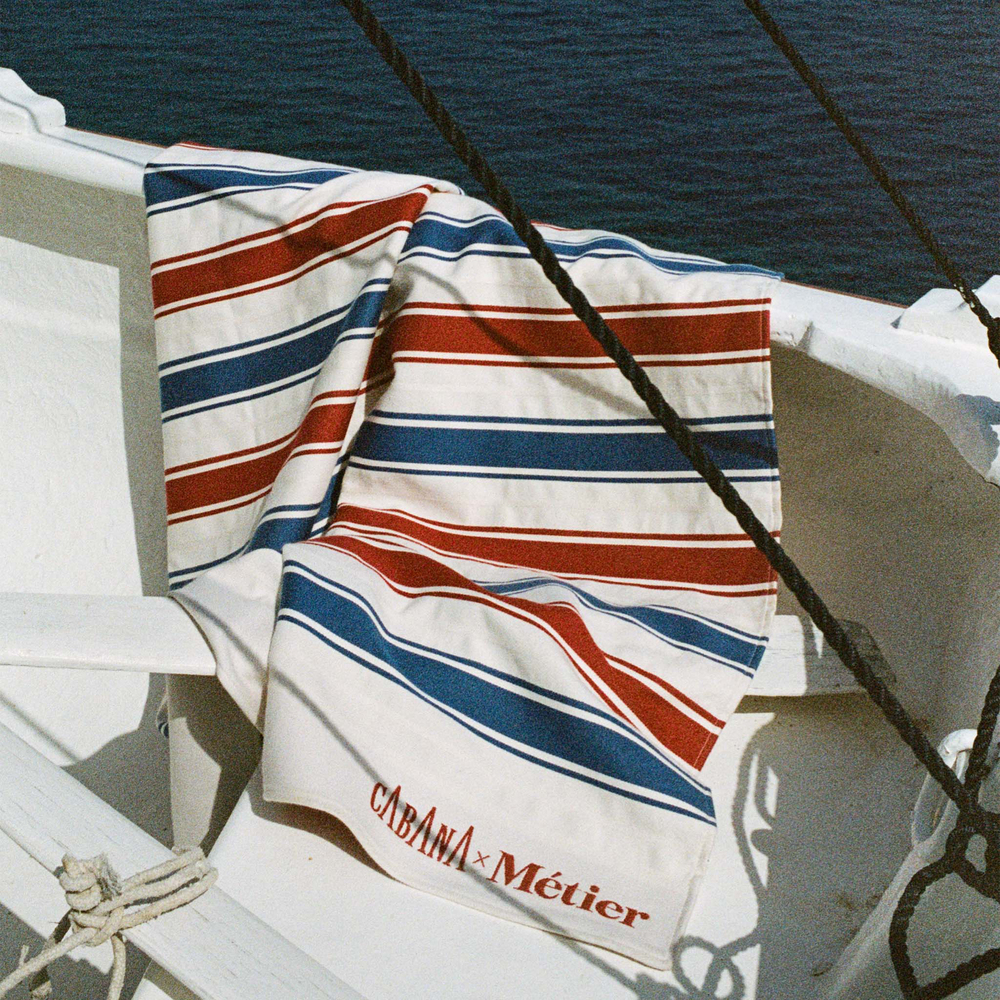 Metier Beach Blanket In Sustainable Cotton Red And Blue Stripe