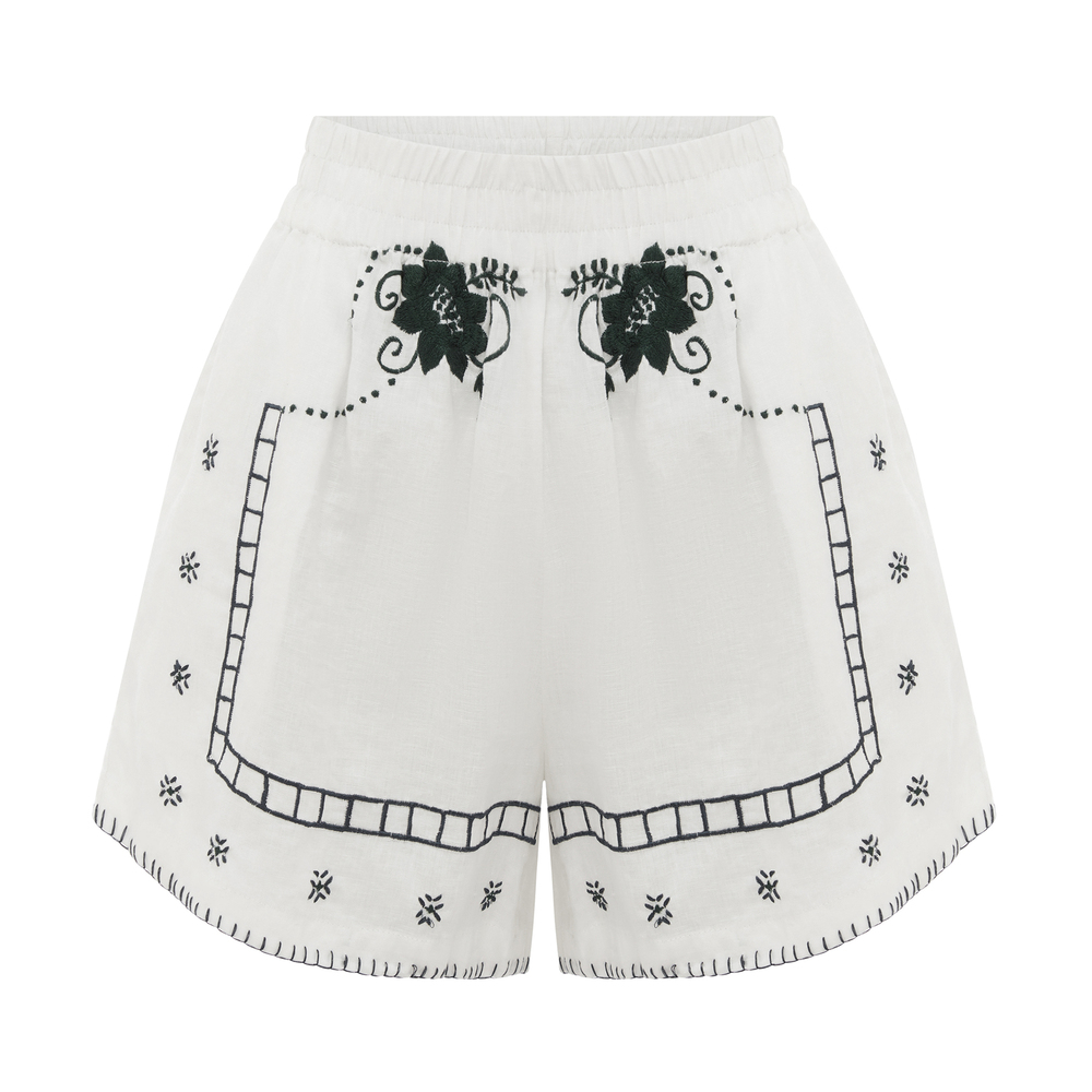 All That Remains Romi Embroidered Shorts In White , Navy & Emerald, Size AU6