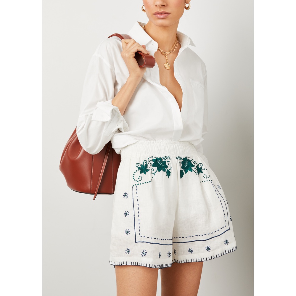 All That Remains Romi Embroidered Shorts In White , Navy & Emerald, Size AU12