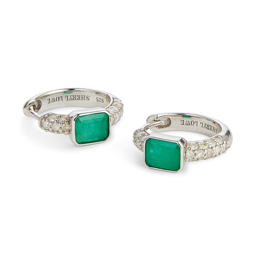 Sheryl Lowe Pavé Diamond Huggies With Emerald Earring In Emerald/White Diamonds