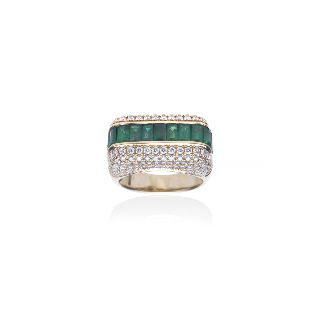 Rainbow K Empress Ring In 18K Yellow Gold/Diamonds/Emeralds, Size 7