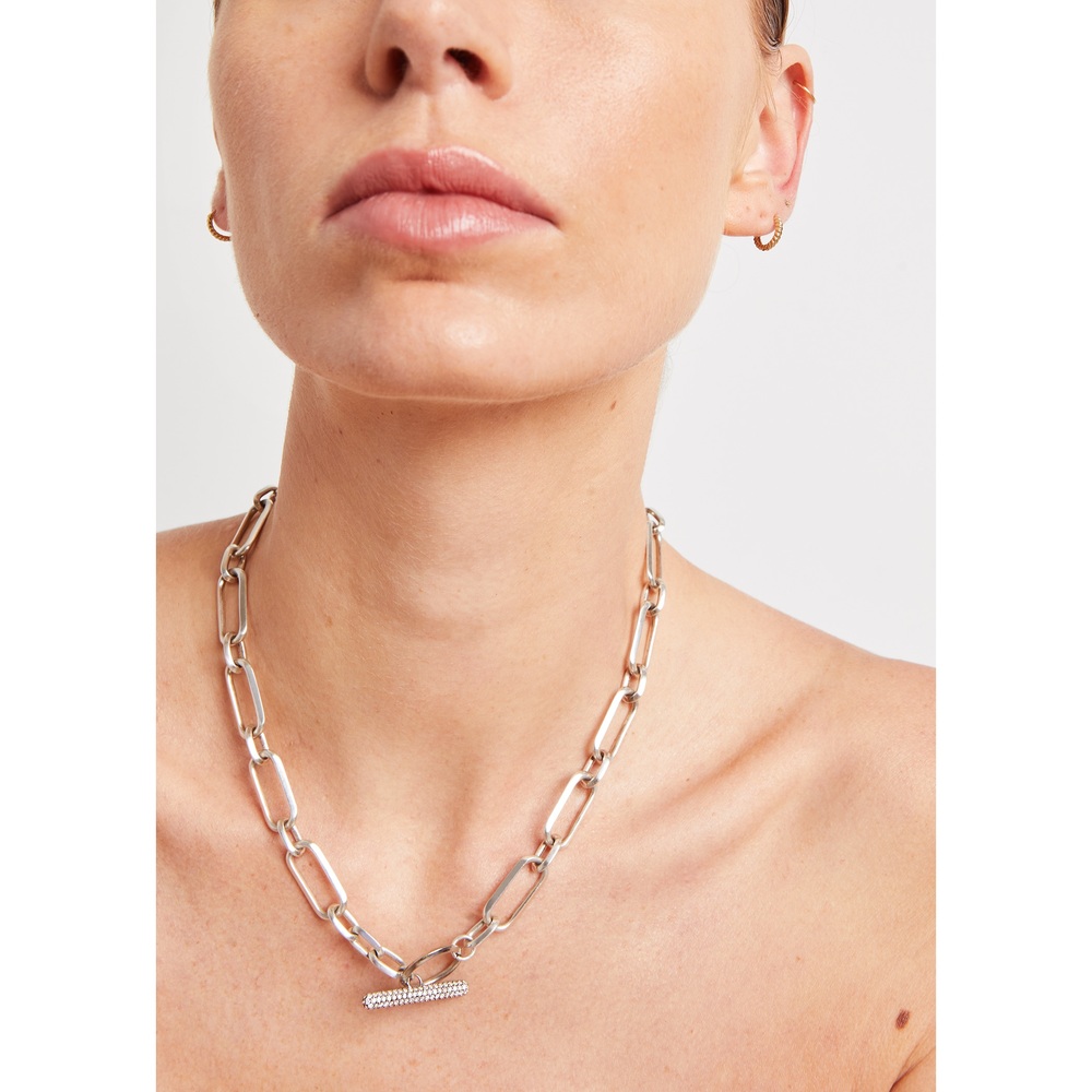Sheryl Lowe Chain Necklace With Pavé Diamond Toggle In Sterling Silver/White Diamonds