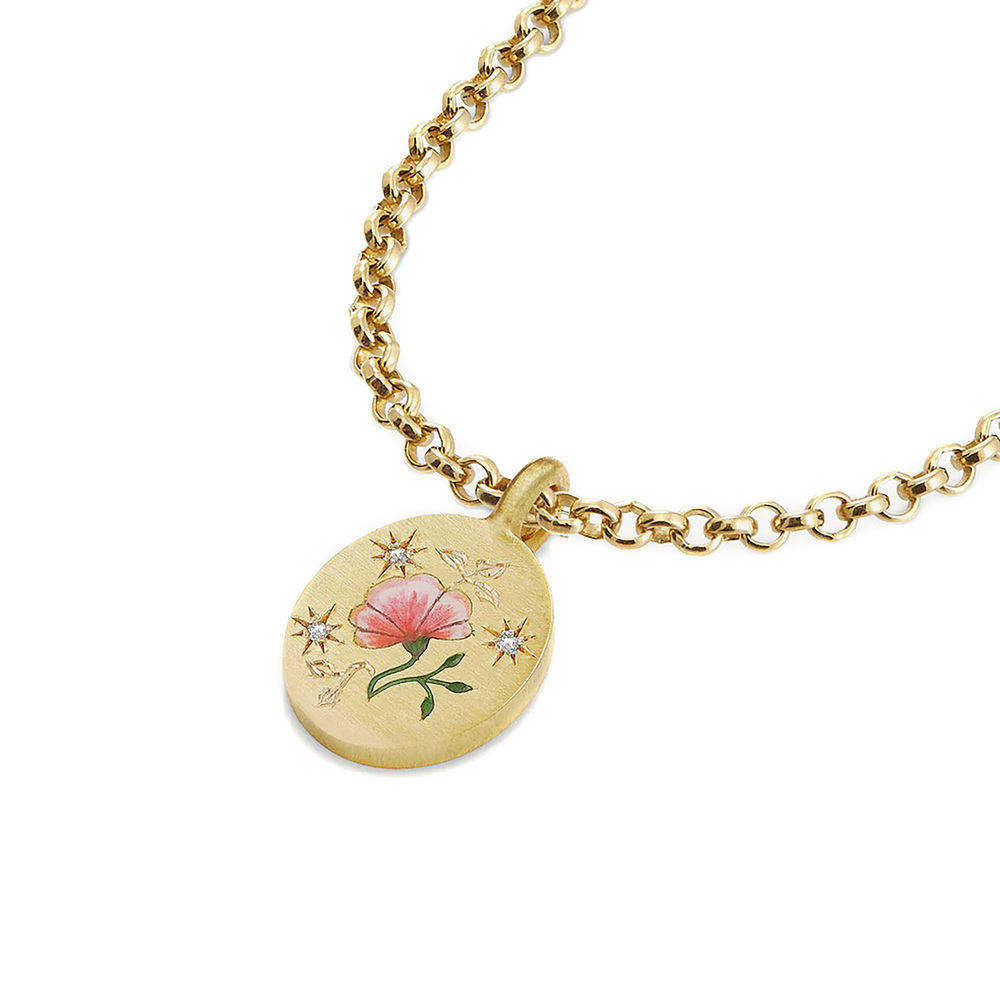 Cece Jewellery Rose And Diamond Necklace In 18K Yellow Gold/Champlevé Enamel/Diamonds