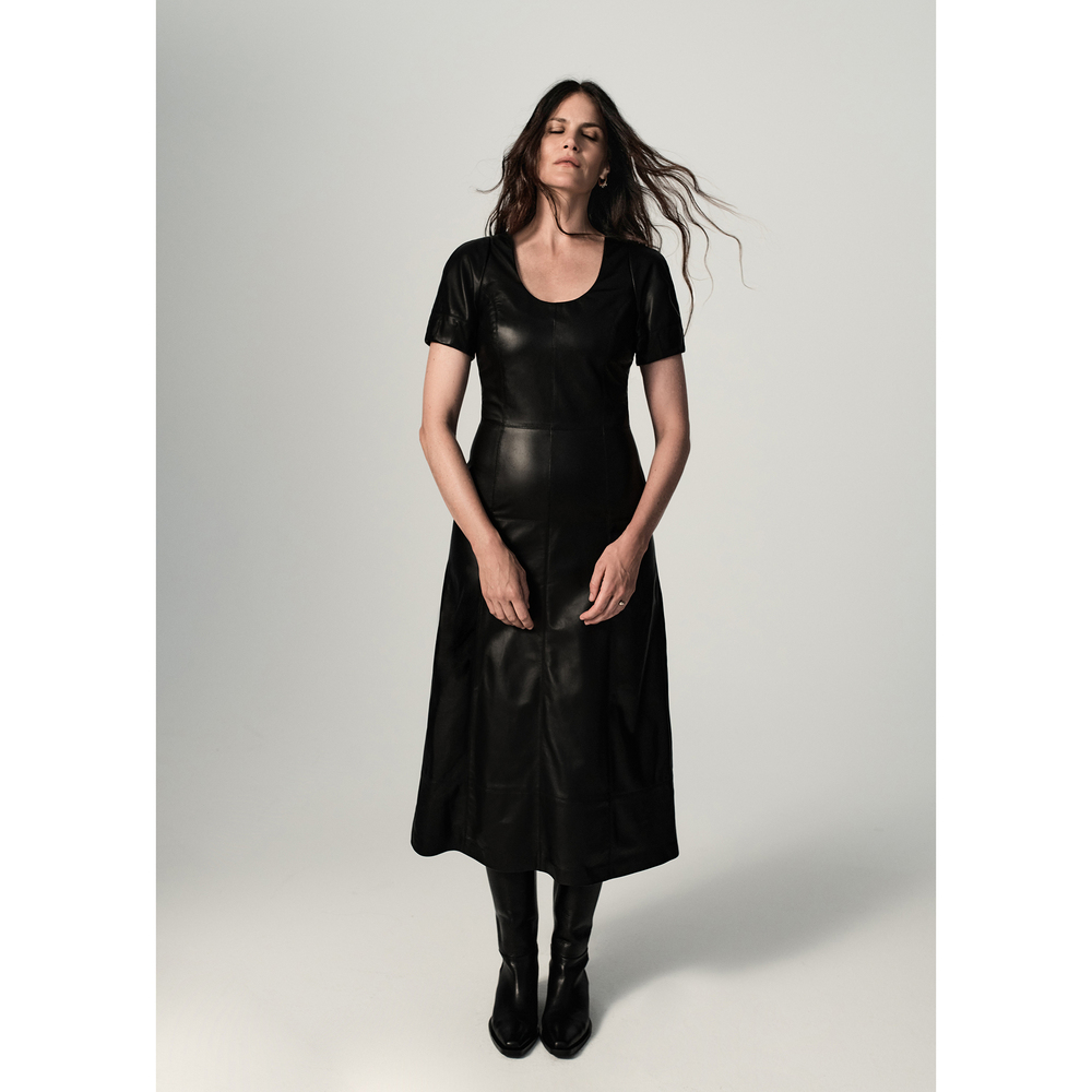 G. Label By Goop Macy Leather Puff-Sleeve Dress In Black, Size 4