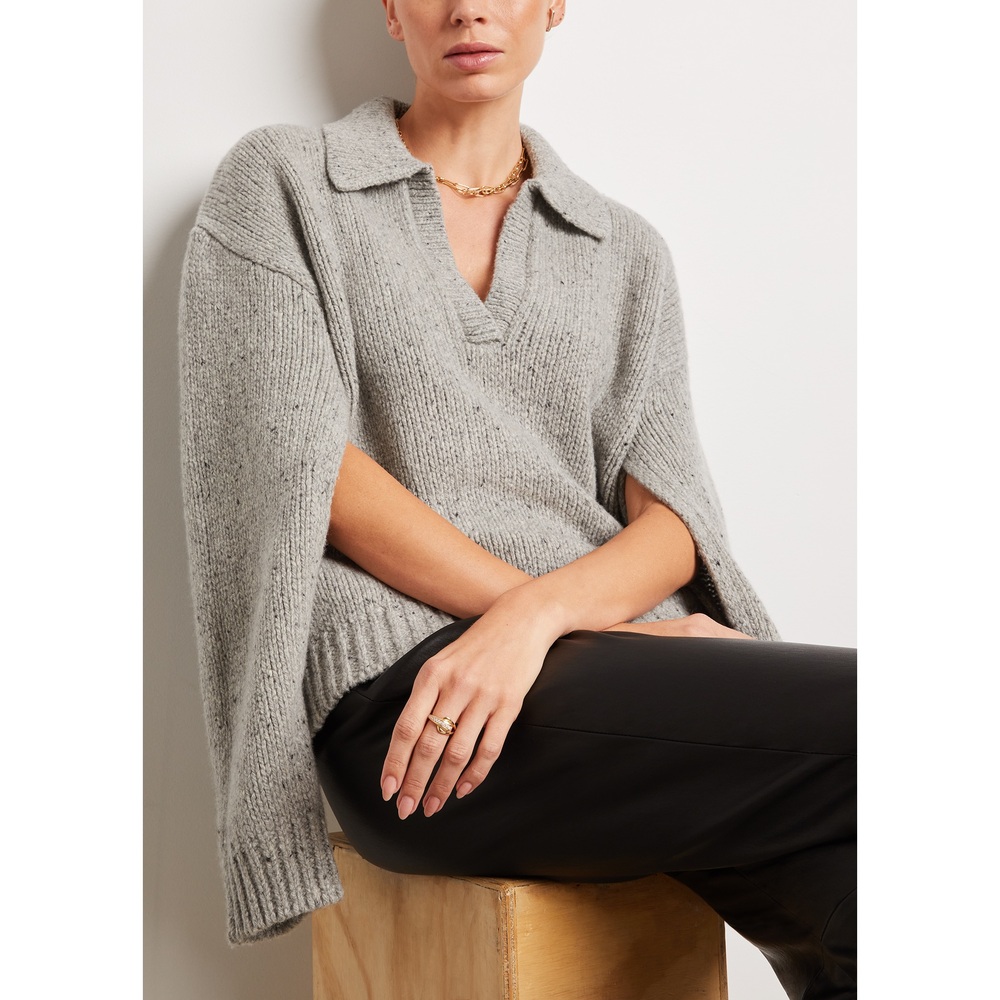 Maria McManus Split-Sleeve Collared Sweater In Grey Donegal Tweed, Large