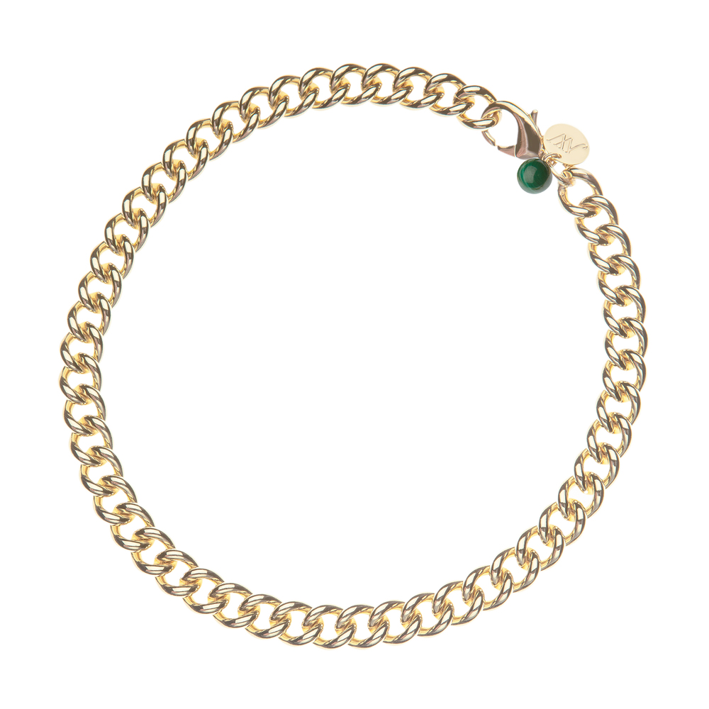Jane Win Curb Chain With Malachite Bead In 14k Gold-plated Brass