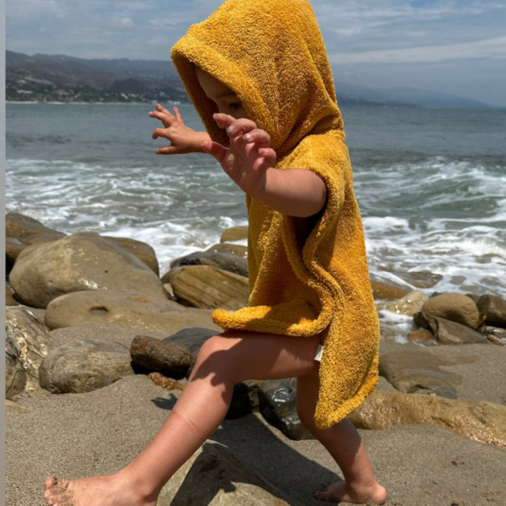 Simone Fan Kid's Hooded Poncho In Mustard, Size 12-18 Months
