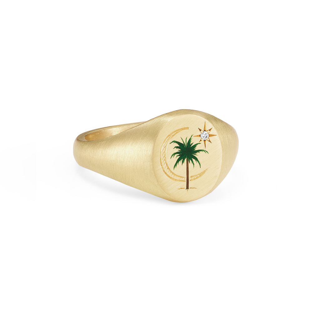 Cece Jewellery 18ct Gold The Palm And Moon Diamond Signet Ring In 18k Yellow Gold,champlevé Enamel,diamonds
