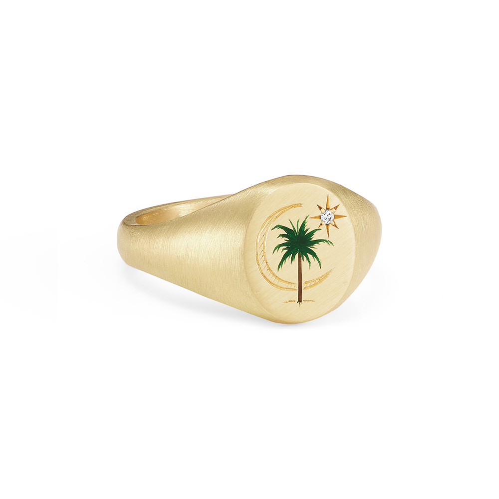 Cece Jewellery Palm & Moon 18-karat Recycled Gold, Enamel And Diamond Signet Ring In 18k Yellow Gold,champlevé Enamel,diamonds