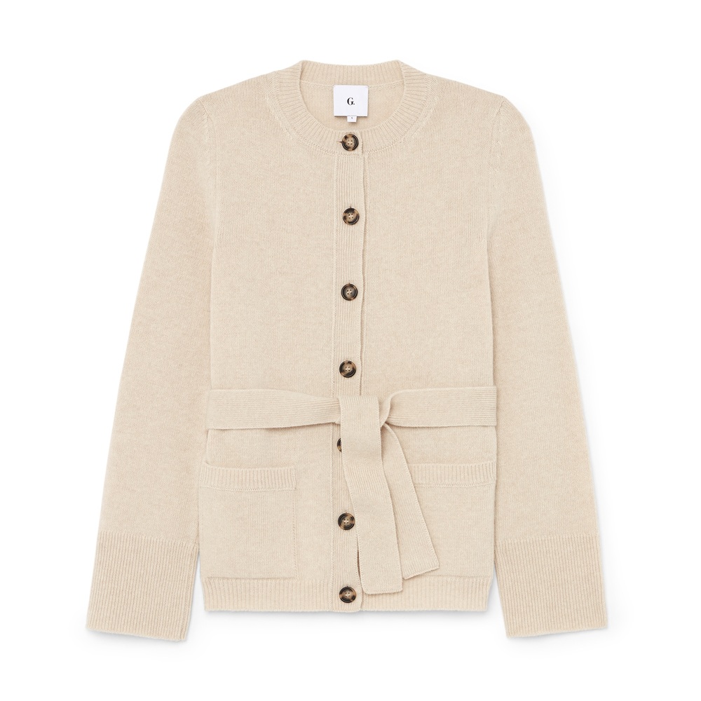 G. Label By Goop Noah Belted Crewneck Cardigan In Oat