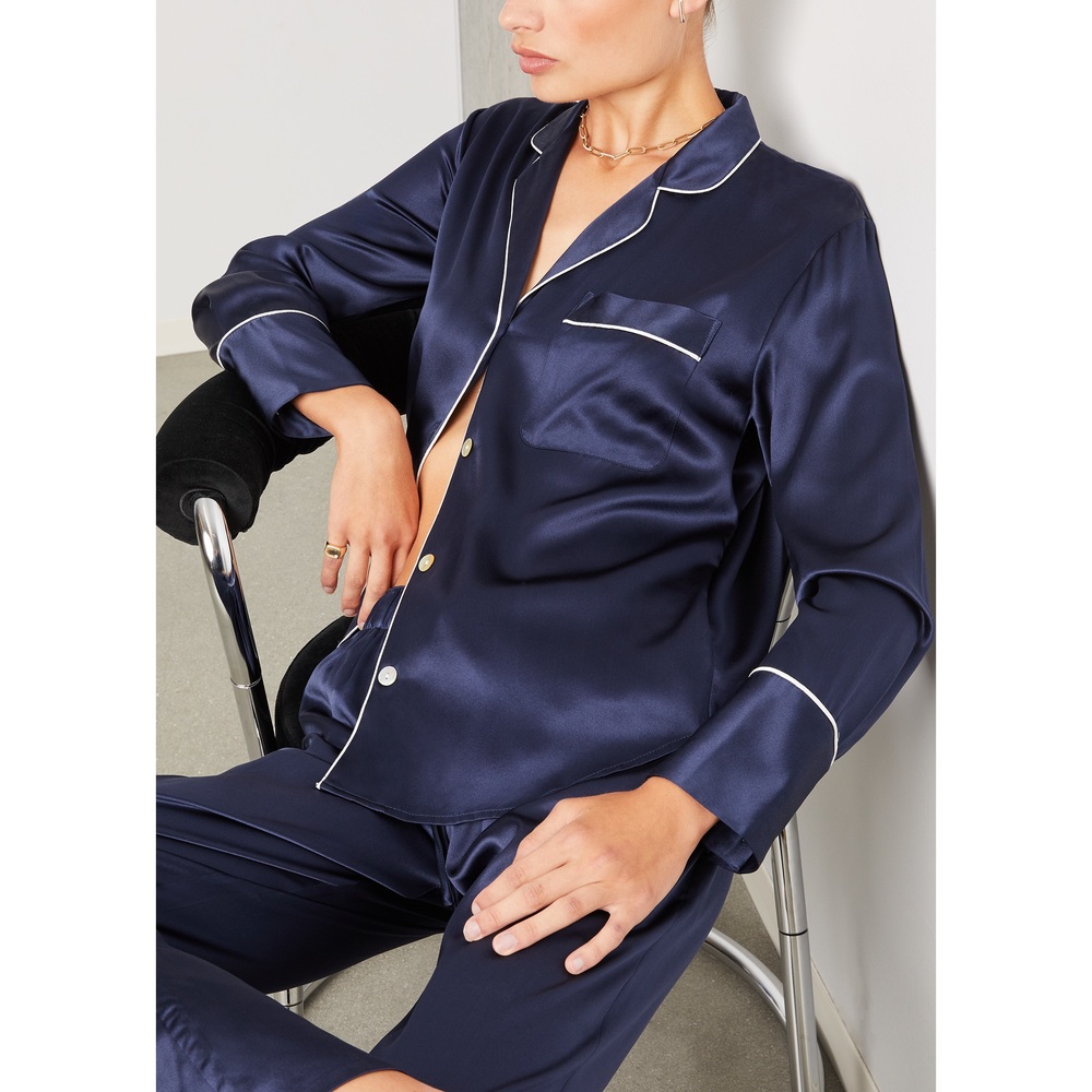 Petite Plume Silk Pajama Set In Navy, Medium
