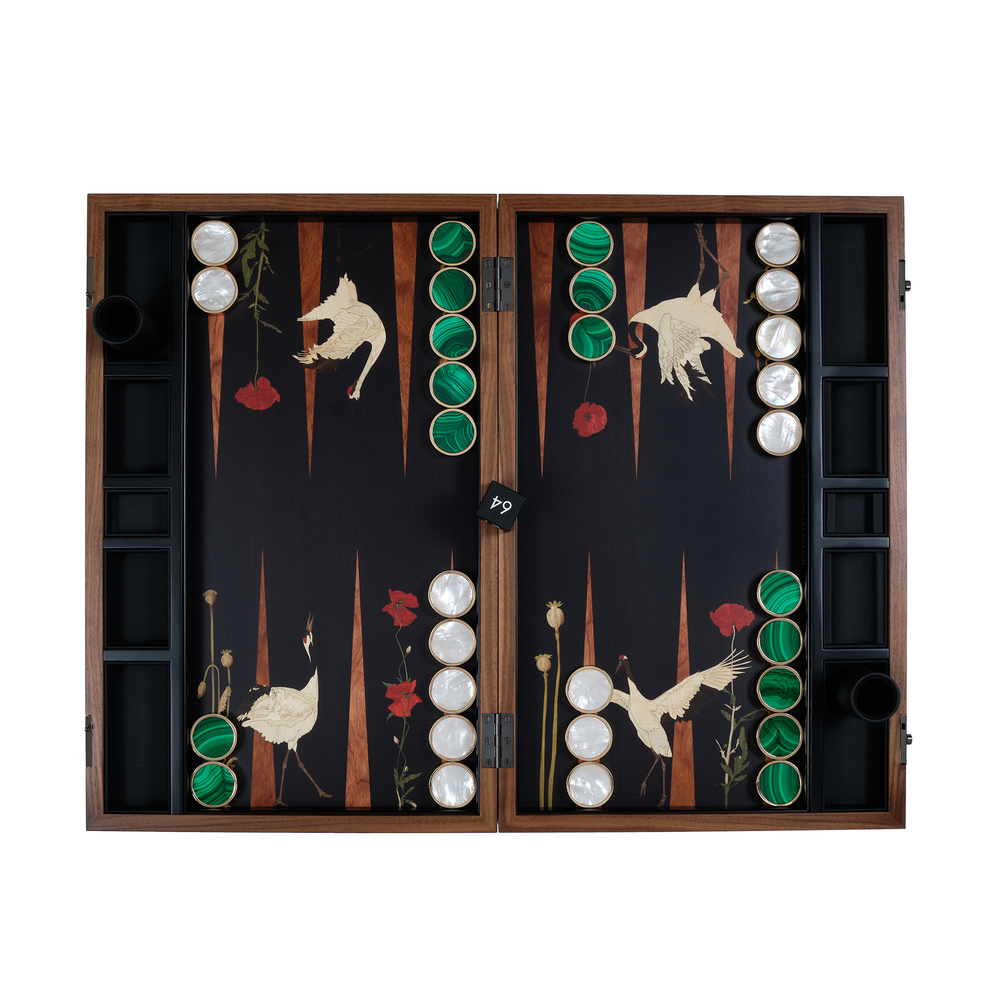 Alexandra Llewellyn Poppies And Crane Backgammon Set In Sustainable Marquetry Woods