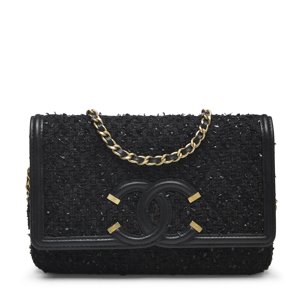 What Goes Around Comes Around Chanel Filigree Tweed Wallet On Chain In Black