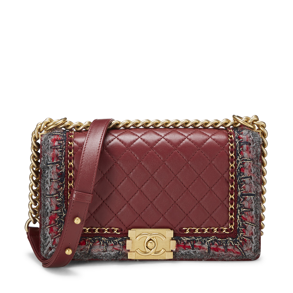 What Goes Around Comes Around Chanel Tweed Trim Boy Bag In Burgundy
