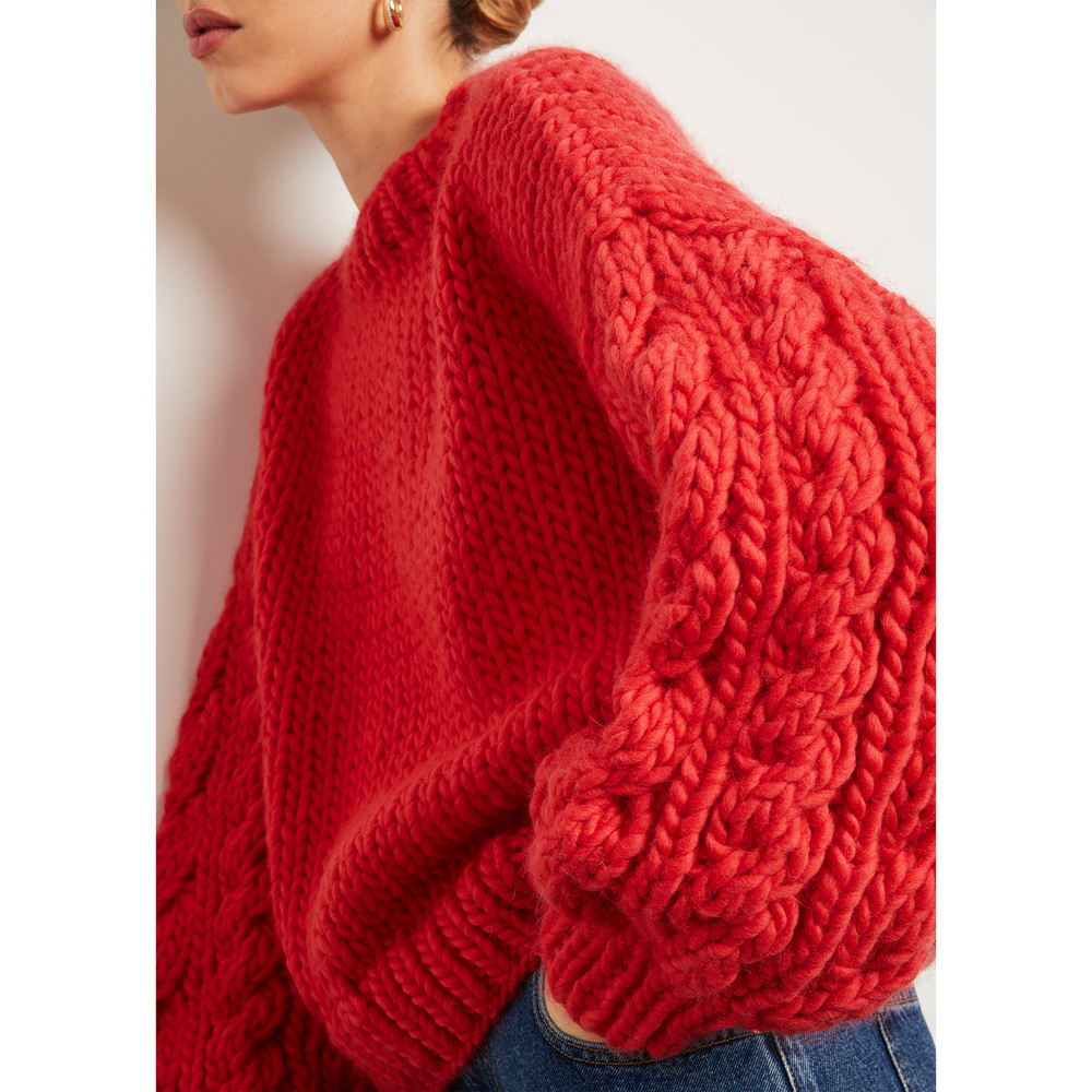 MR MITTENS Cable-Sleeve Crewneck In Red, Medium/Large