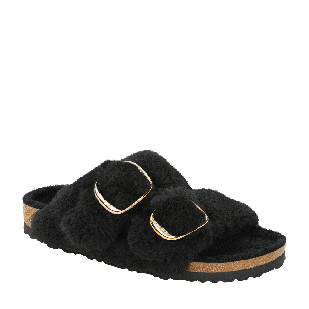 Birkenstock Arizona Shearling Slides With Large Buckle In Black